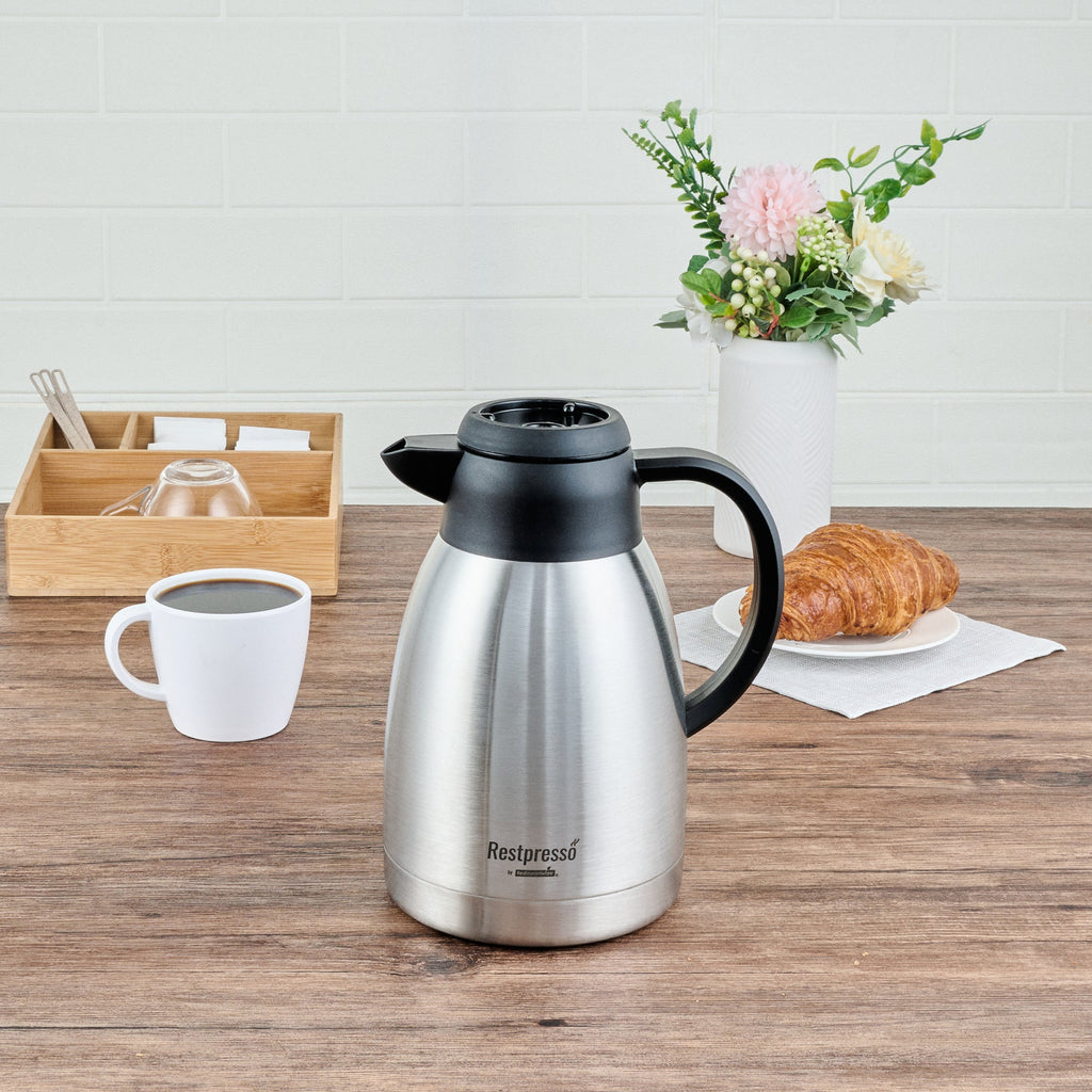 Restpresso 51 oz Insulated Coffee Carafe / Server - with Regular and Decaf Brew Thru Lids - 7 3/4" x 5 1/2" x 8 1/4" - 1 count box