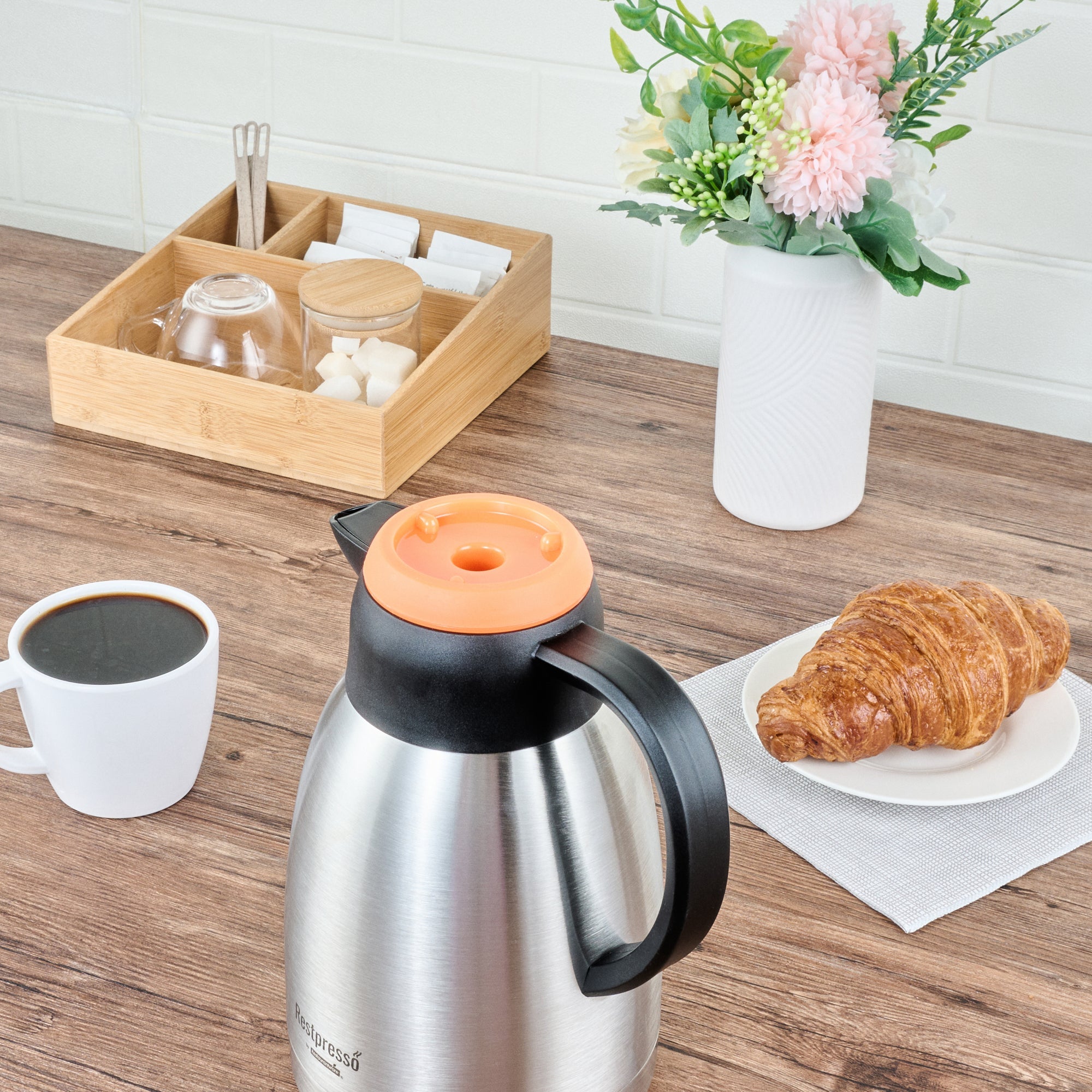 Restpresso 51 oz Insulated Coffee Carafe / Server - with Regular and Decaf Brew Thru Lids - 7 3/4" x 5 1/2" x 8 1/4" - 1 count box