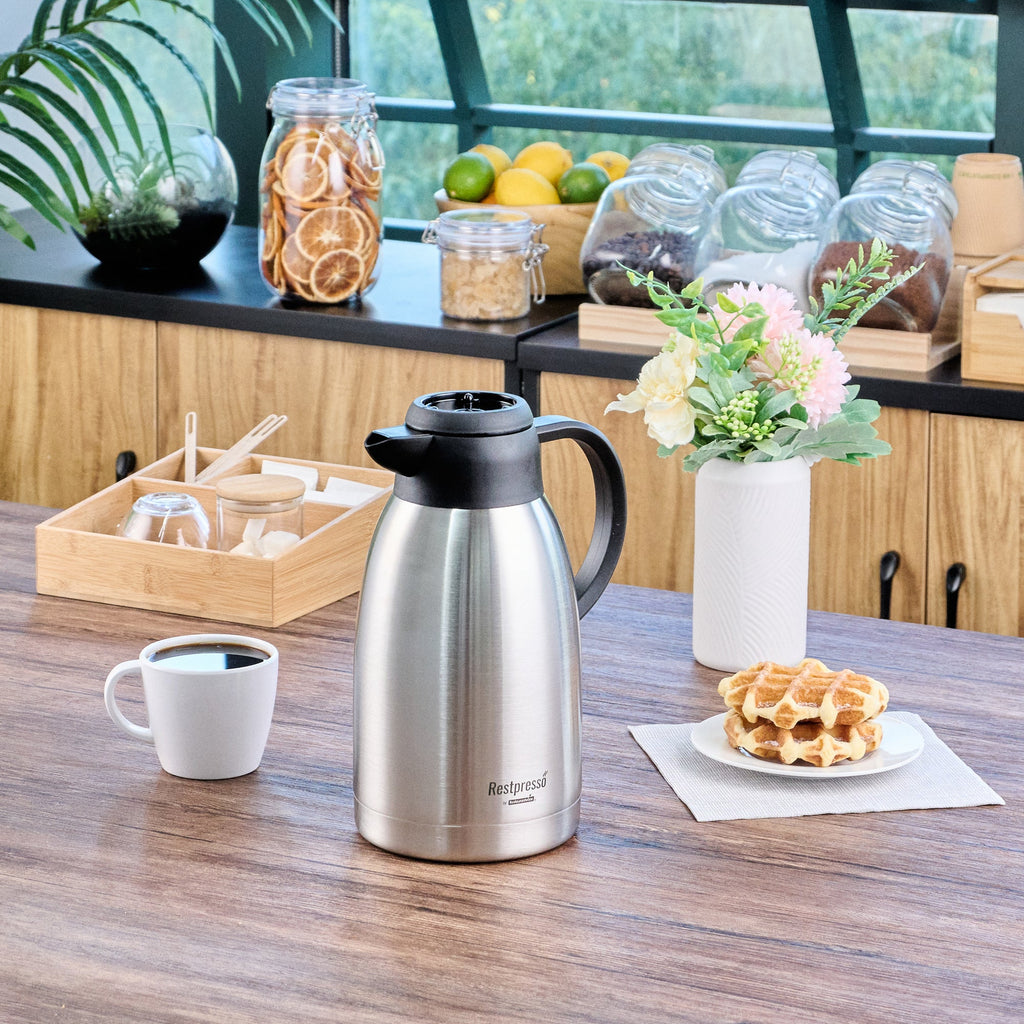 Restpresso 68 oz Insulated Coffee Carafe / Server - with Regular and Decaf Brew Thru Lids - 11 1/4" x 5 1/2" x 7" - 1 count box