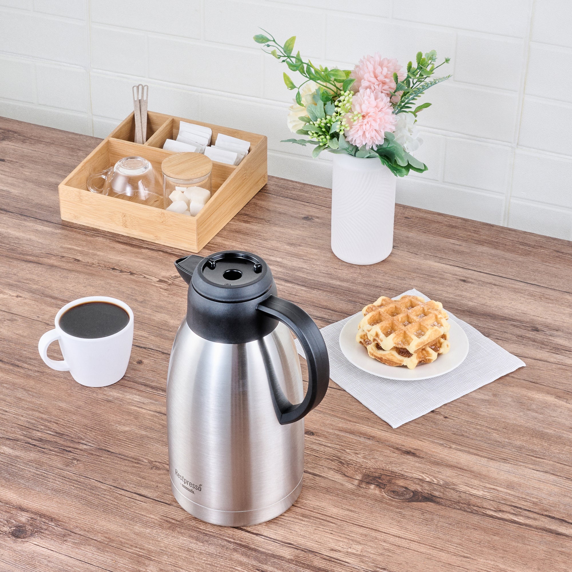 Restpresso 68 oz Insulated Coffee Carafe / Server - with Regular and Decaf Brew Thru Lids - 11 1/4" x 5 1/2" x 7" - 1 count box