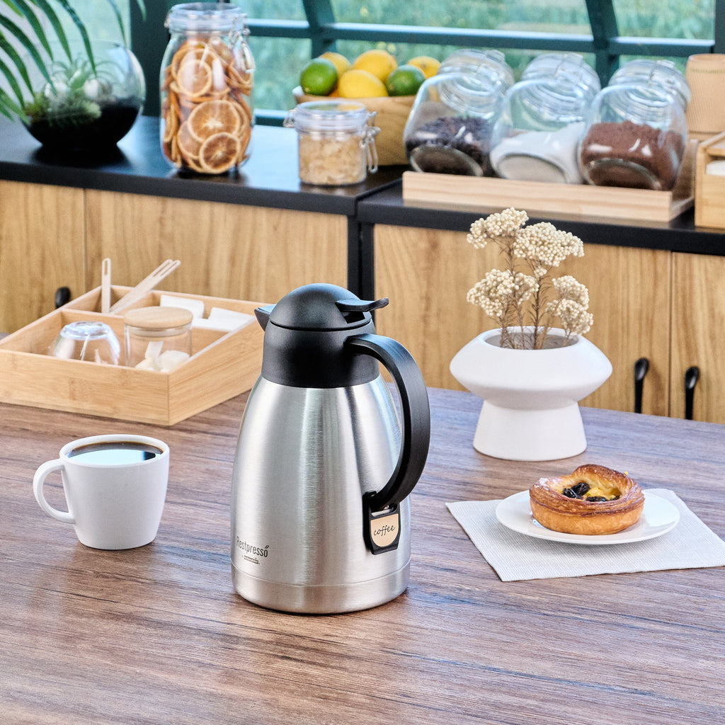 Restpresso 51 oz Vacuum Insulated Coffee Carafe / Server - with Label Tags - 7 3/4" x 5 1/2" x 8 1/4" - 1 count box