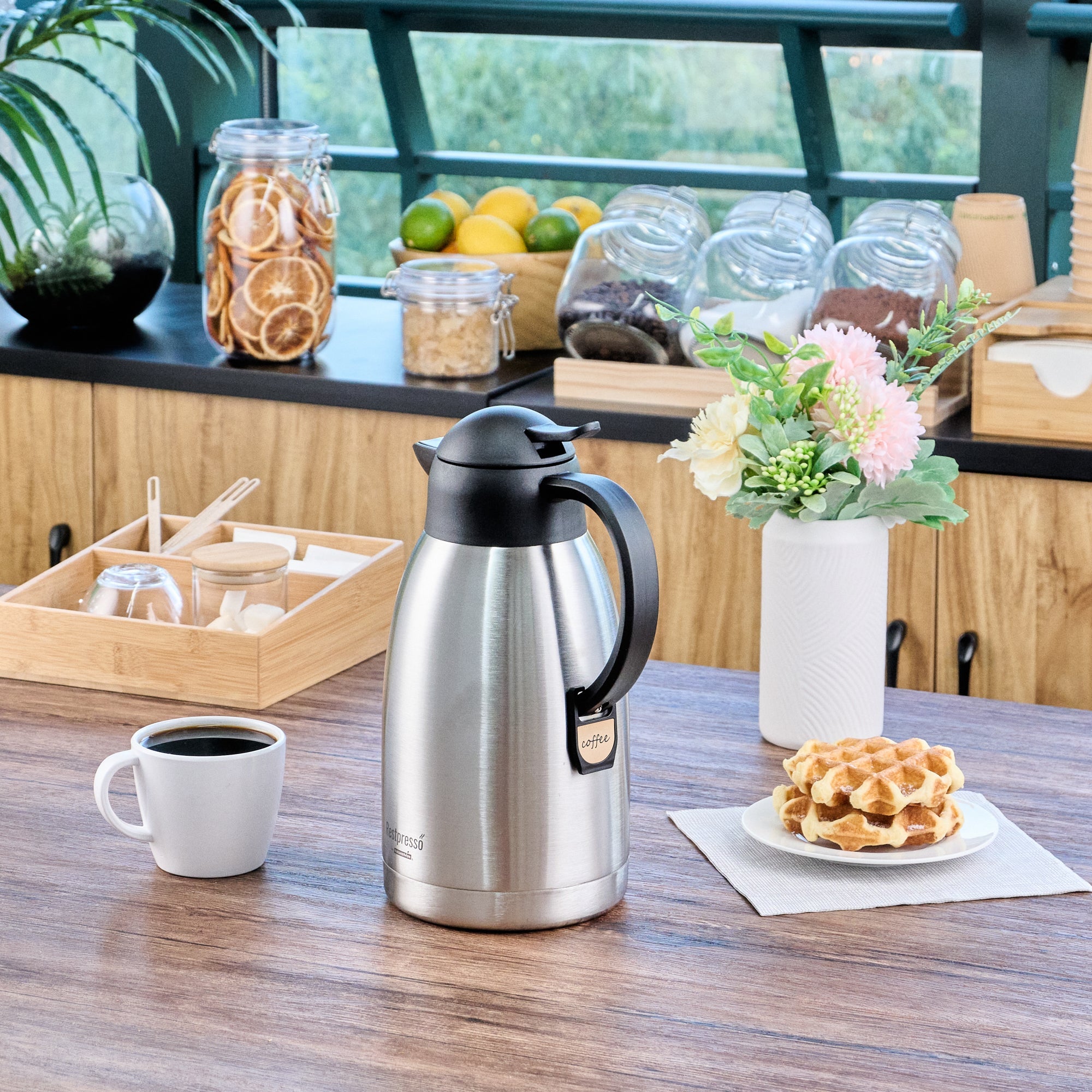 Restpresso 68 oz Vacuum Insulated Coffee Carafe / Server - with Label Tags - 11 1/4" x 5 1/2" x 7" - 1 count box
