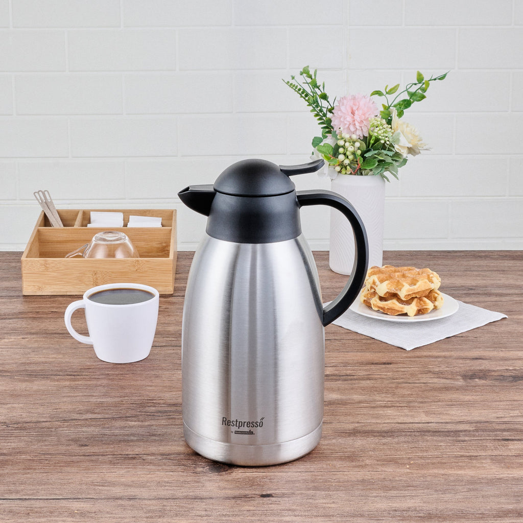 Restpresso 68 oz Vacuum Insulated Coffee Carafe / Server - with Label Tags - 11 1/4" x 5 1/2" x 7" - 1 count box