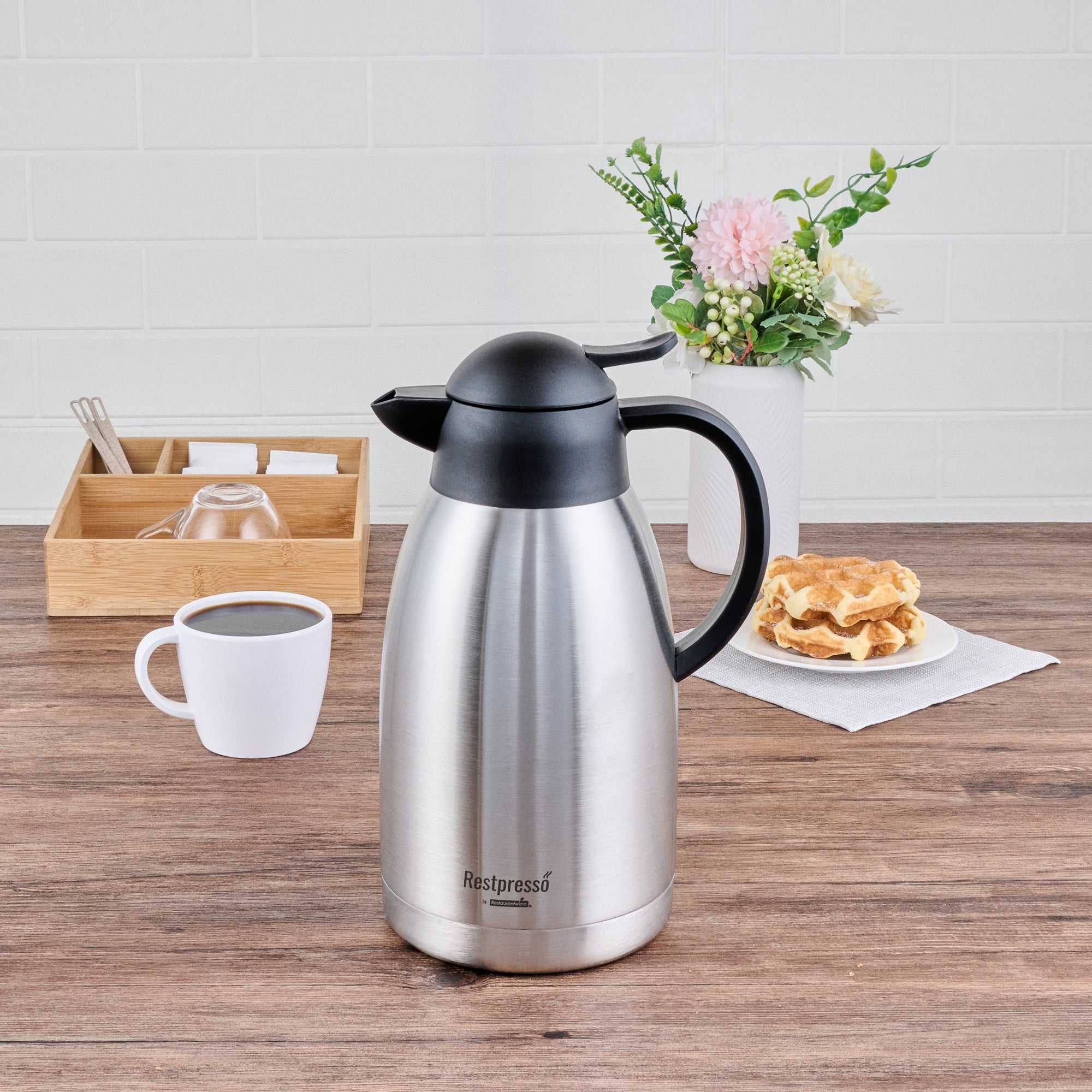 Restpresso 68 oz Vacuum Insulated Coffee Carafe / Server - with Label Tags - 11 1/4" x 5 1/2" x 7" - 1 count box