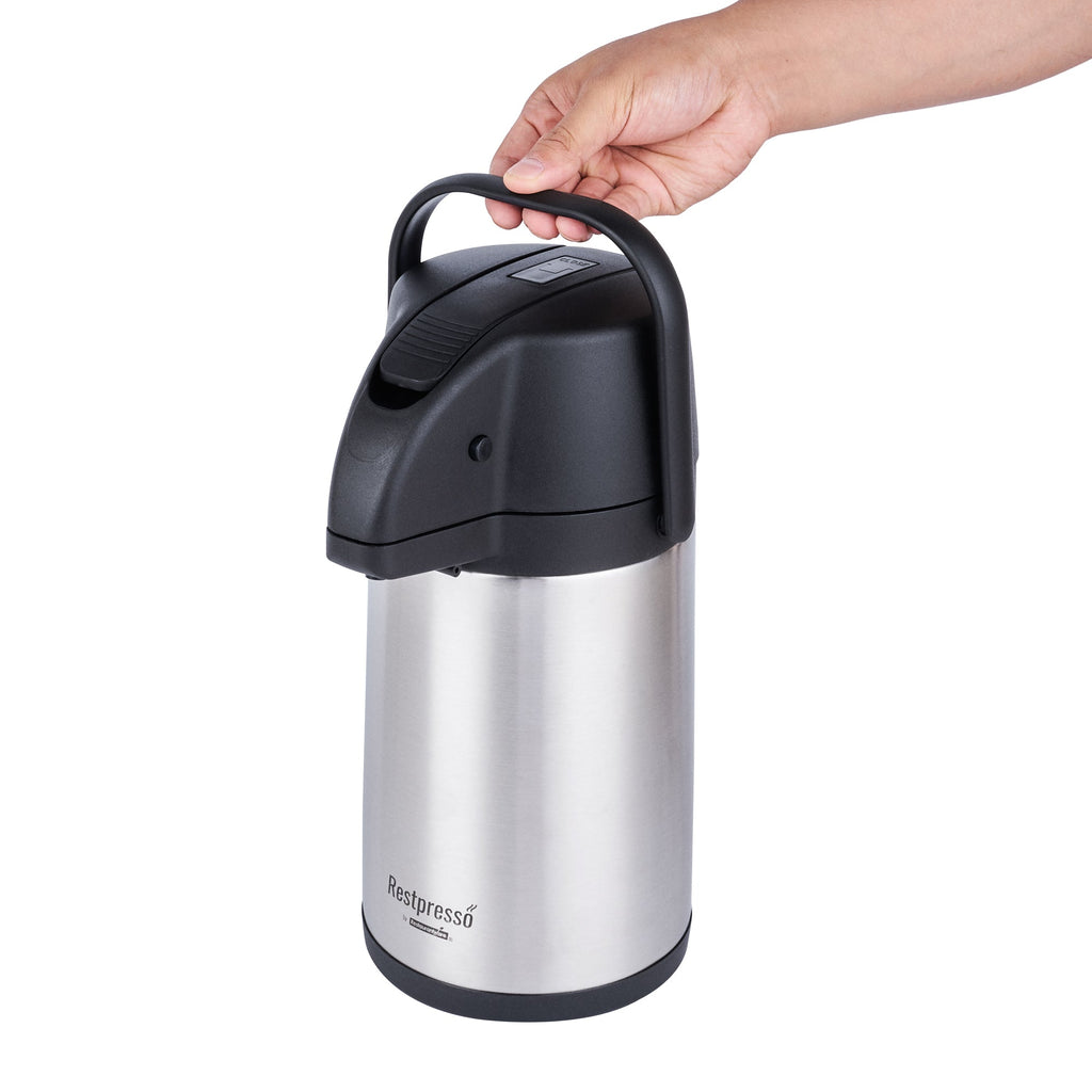Restpresso 2.2L Vacuum Insulated Airpot Coffee Dispenser - Pump Lever, 12 hr Heat Retention, with Hanging Tag and Decals - 1 count box