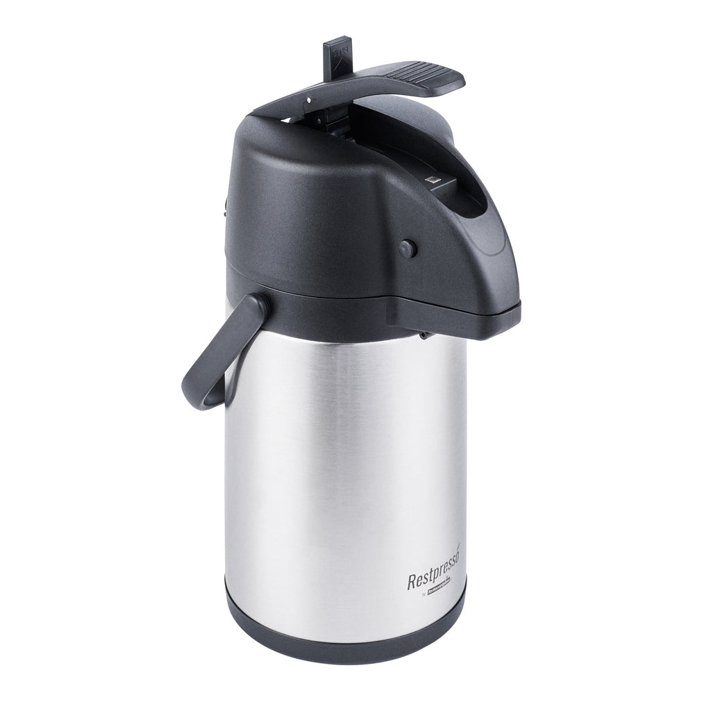 Restpresso 2.2L Vacuum Insulated Airpot Coffee Dispenser - Pump Lever, 12 hr Heat Retention, with Hanging Tag and Decals - 1 count box