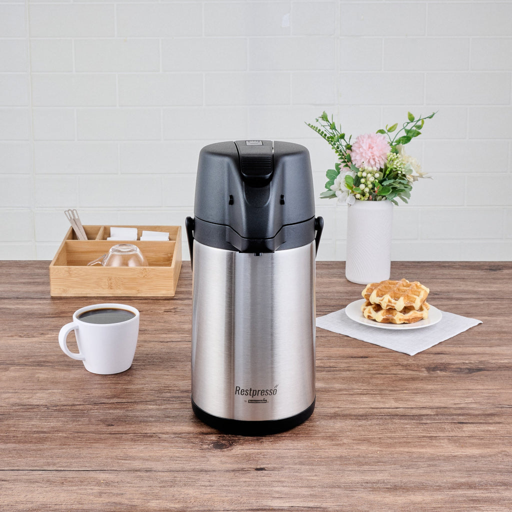 Restpresso 2.2L Vacuum Insulated Airpot Coffee Dispenser - Pump Lever, 12 hr Heat Retention, with Hanging Tag and Decals - 1 count box