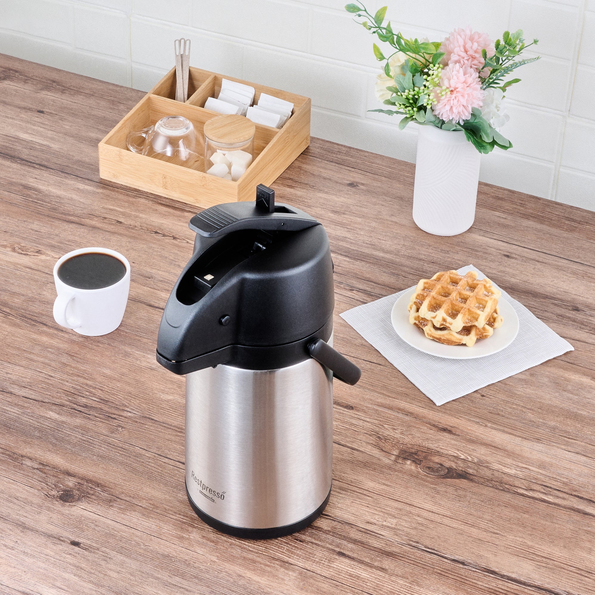 Restpresso 2.2L Vacuum Insulated Airpot Coffee Dispenser - Pump Lever, 12 hr Heat Retention, with Hanging Tag and Decals - 1 count box