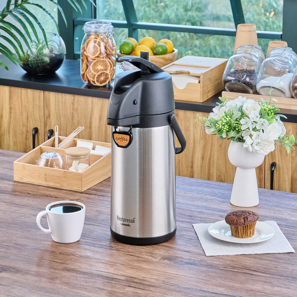 Restpresso 3L Vacuum Insulated Airpot Coffee Dispenser - Pump Lever, 12 hr Heat Retention, with Hanging Tag and Decals - 1 count box