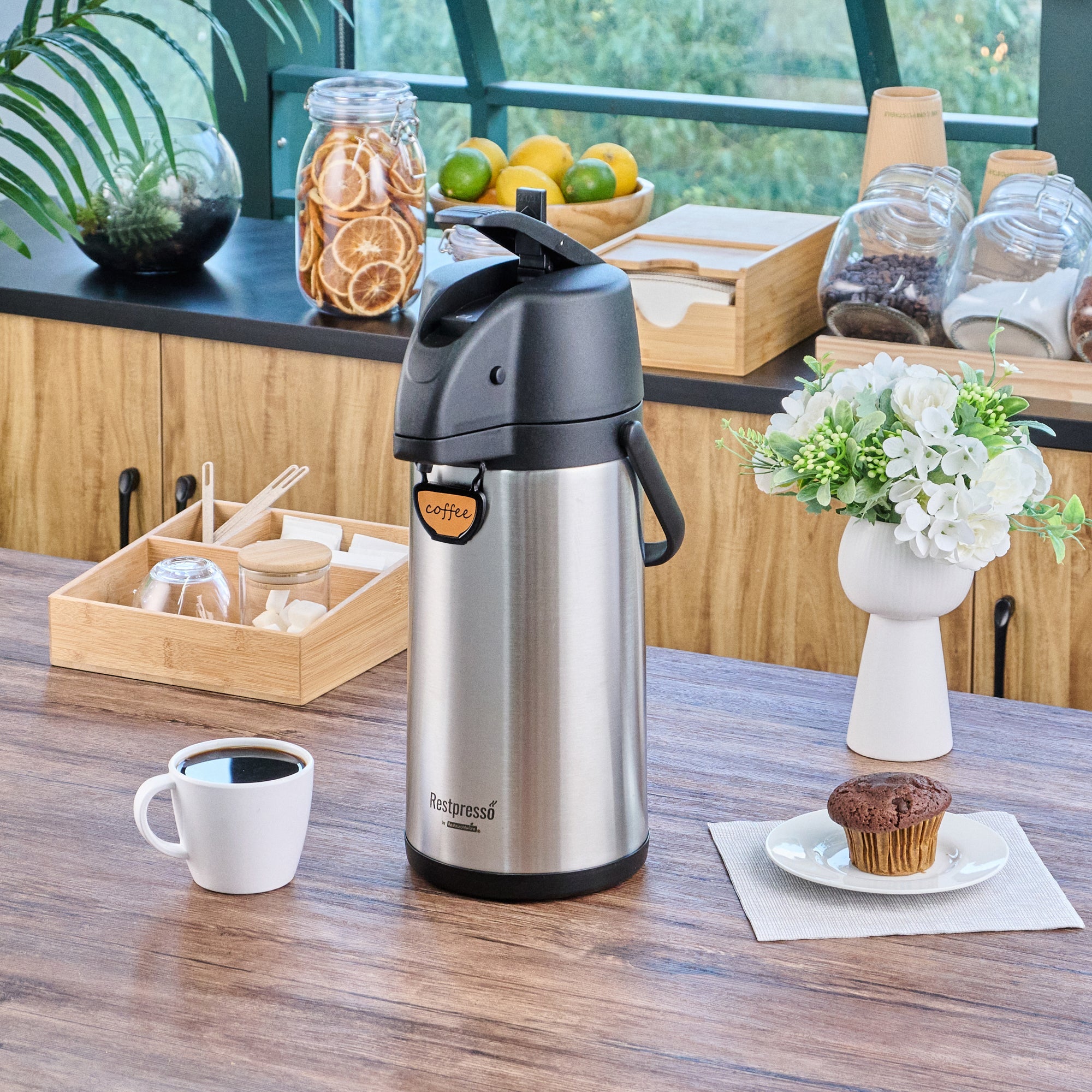 Restpresso 3L Vacuum Insulated Airpot Coffee Dispenser - Pump Lever, 12 hr Heat Retention, with Hanging Tag and Decals - 1 count box