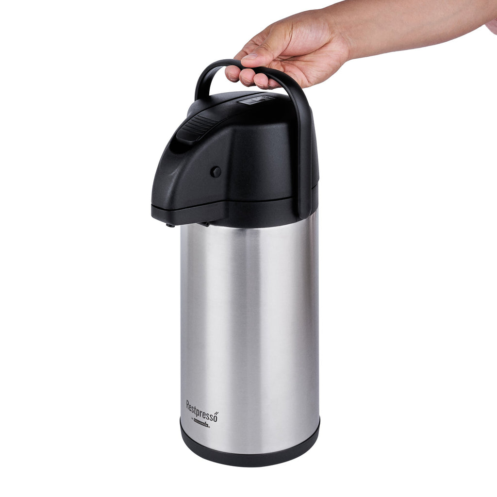 Restpresso 3L Vacuum Insulated Airpot Coffee Dispenser - Pump Lever, 12 hr Heat Retention, with Hanging Tag and Decals - 1 count box