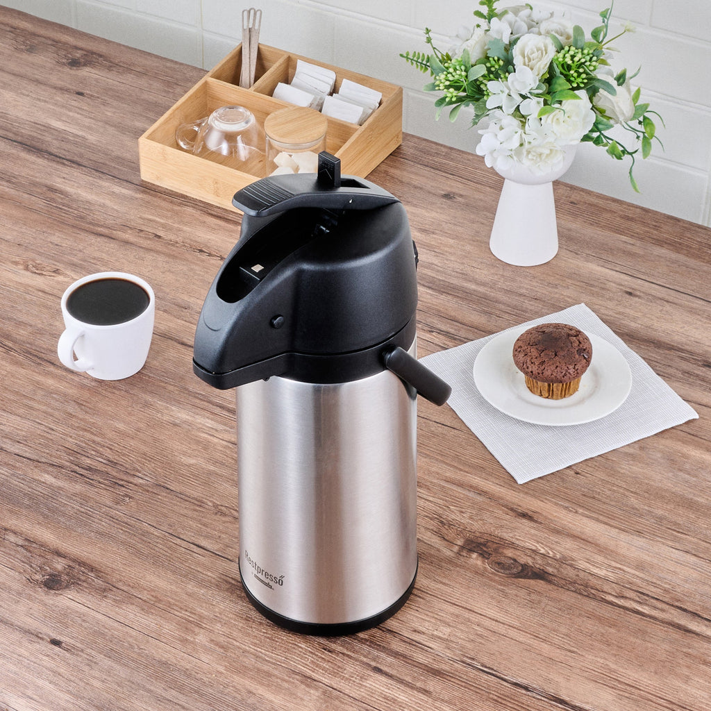 Restpresso 3L Vacuum Insulated Airpot Coffee Dispenser - Pump Lever, 12 hr Heat Retention, with Hanging Tag and Decals - 1 count box