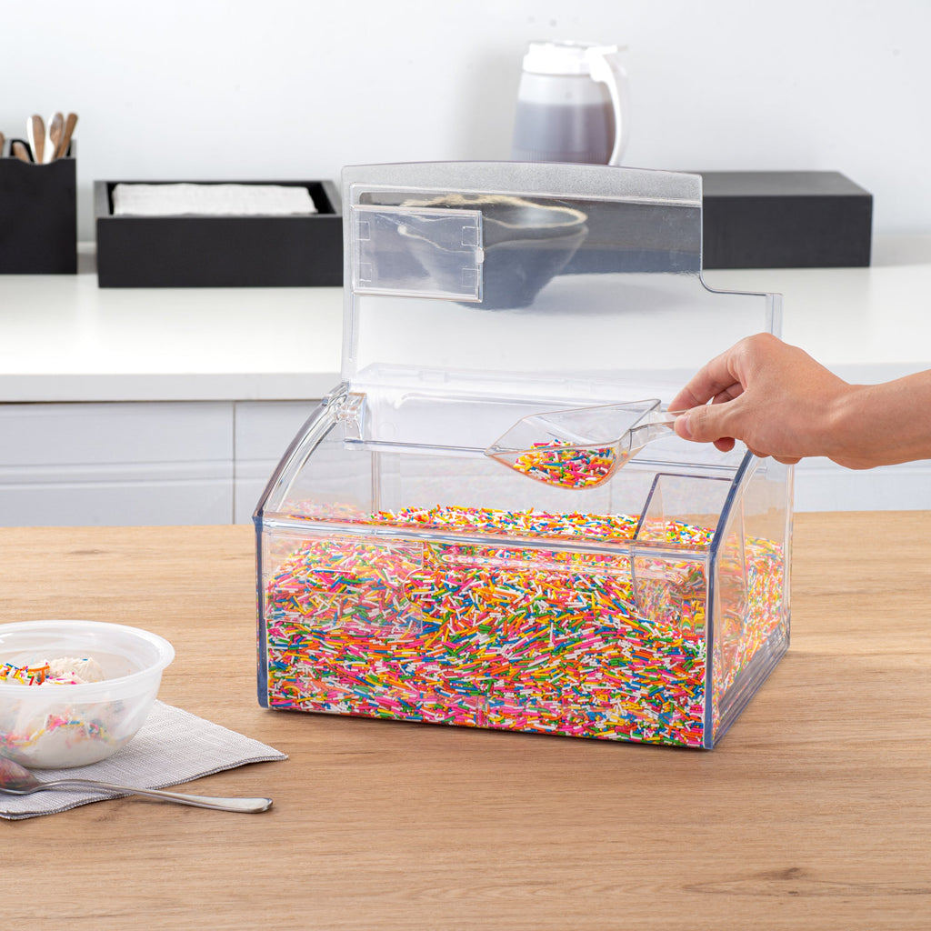 Met Lux 2 Gal Clear Plastic Topping Bin - 30 Cup, with Scoop - 7" x 9 3/4" x 11 3/4" - 1 count box