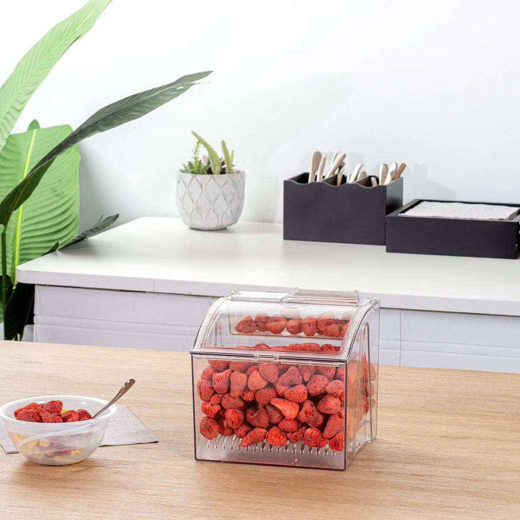 Met Lux 1.5 Gal Clear Plastic Topping Bin - 25 Cup, with Scoop - 7 3/4" x 6 3/4" x 7 3/4" - 1 count box