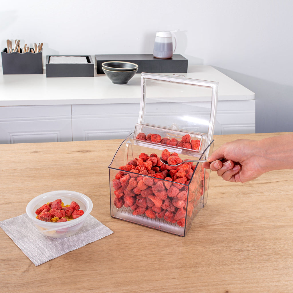 Met Lux 1.5 Gal Clear Plastic Topping Bin - 25 Cup, with Scoop - 7 3/4" x 6 3/4" x 7 3/4" - 1 count box