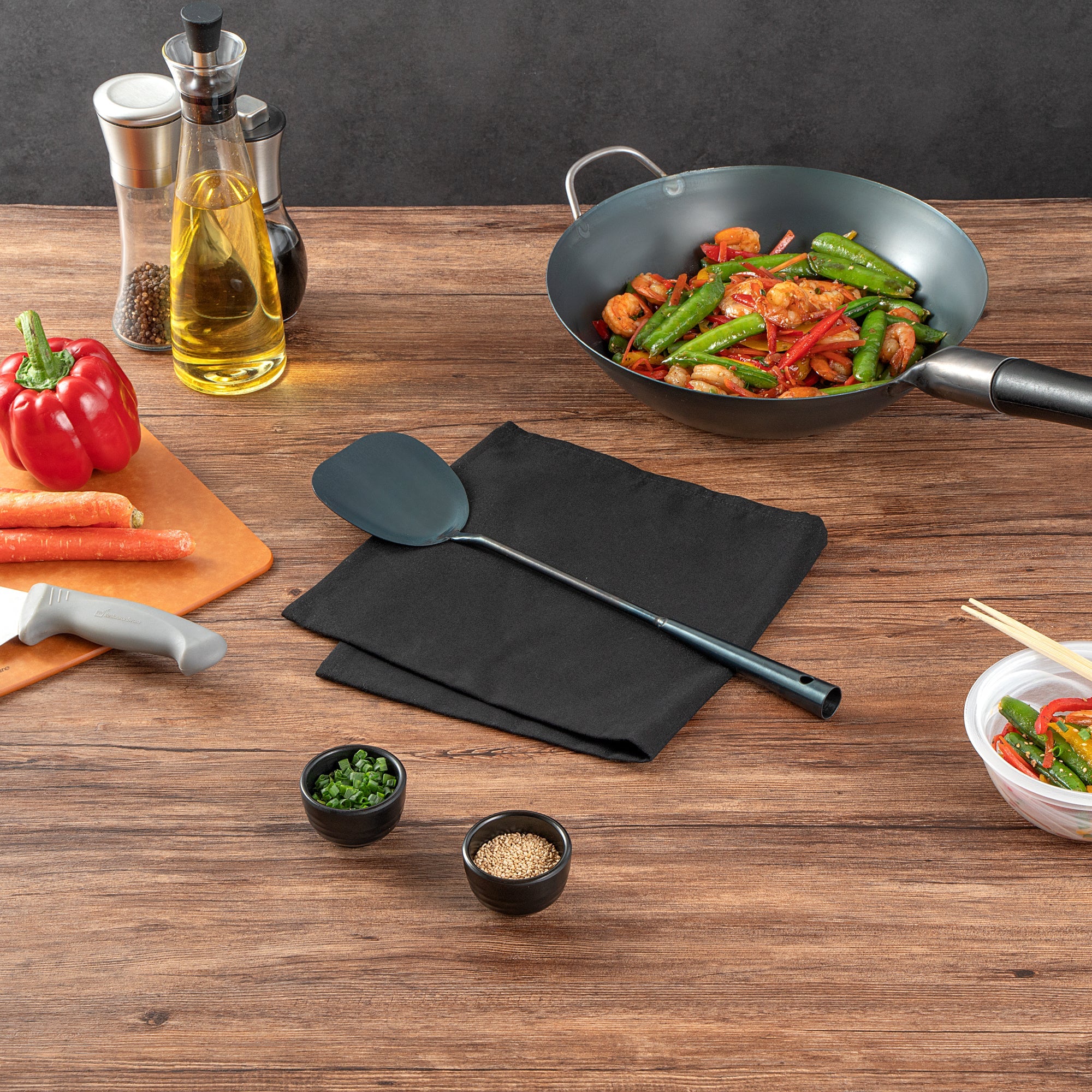 Motomori Blue Carbon Steel Wok Spatula - Pre-seasoned - 15 1/2'' - 10 count box