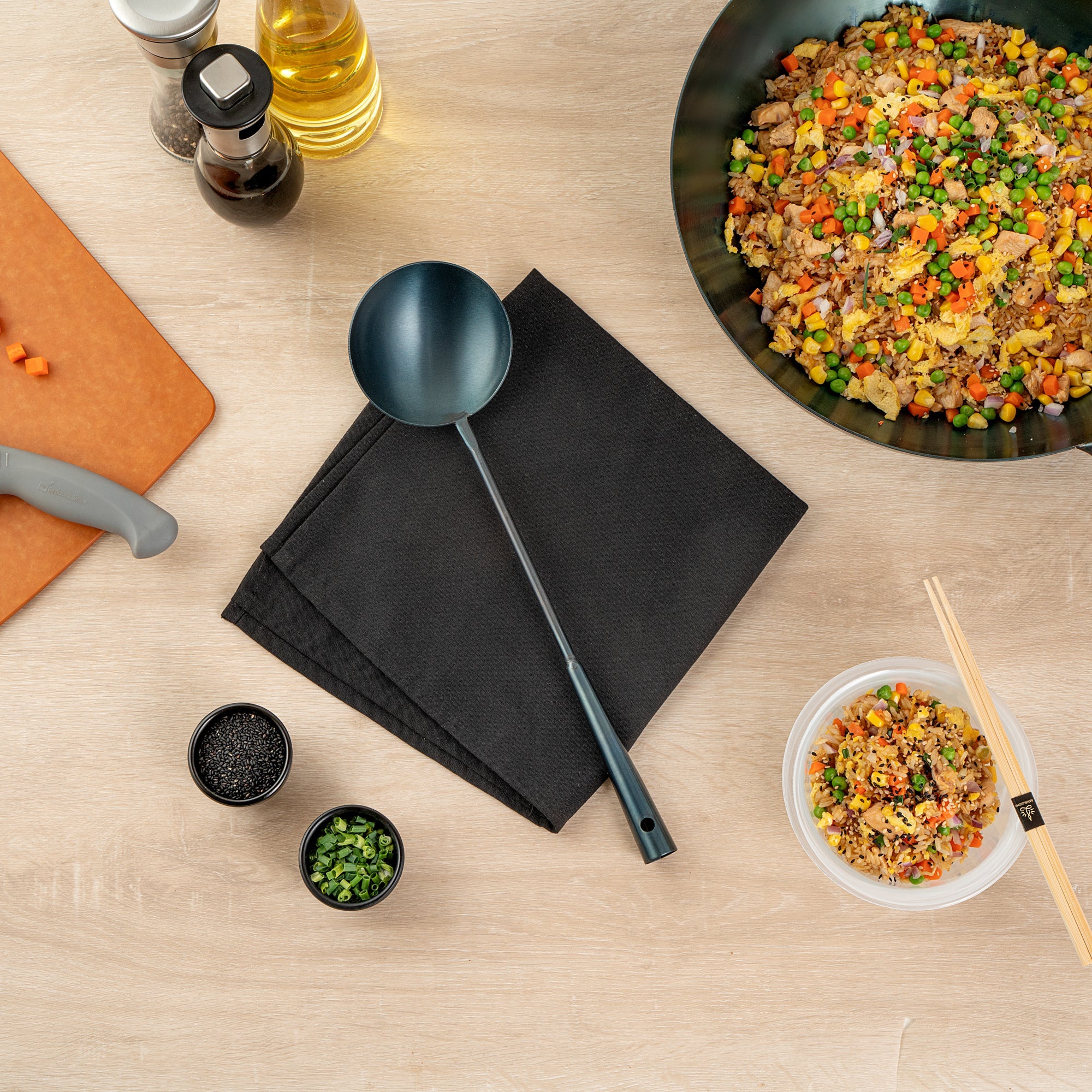Motomori Blue Carbon Steel Wok Ladle - Pre-seasoned - 16" - 10 count box