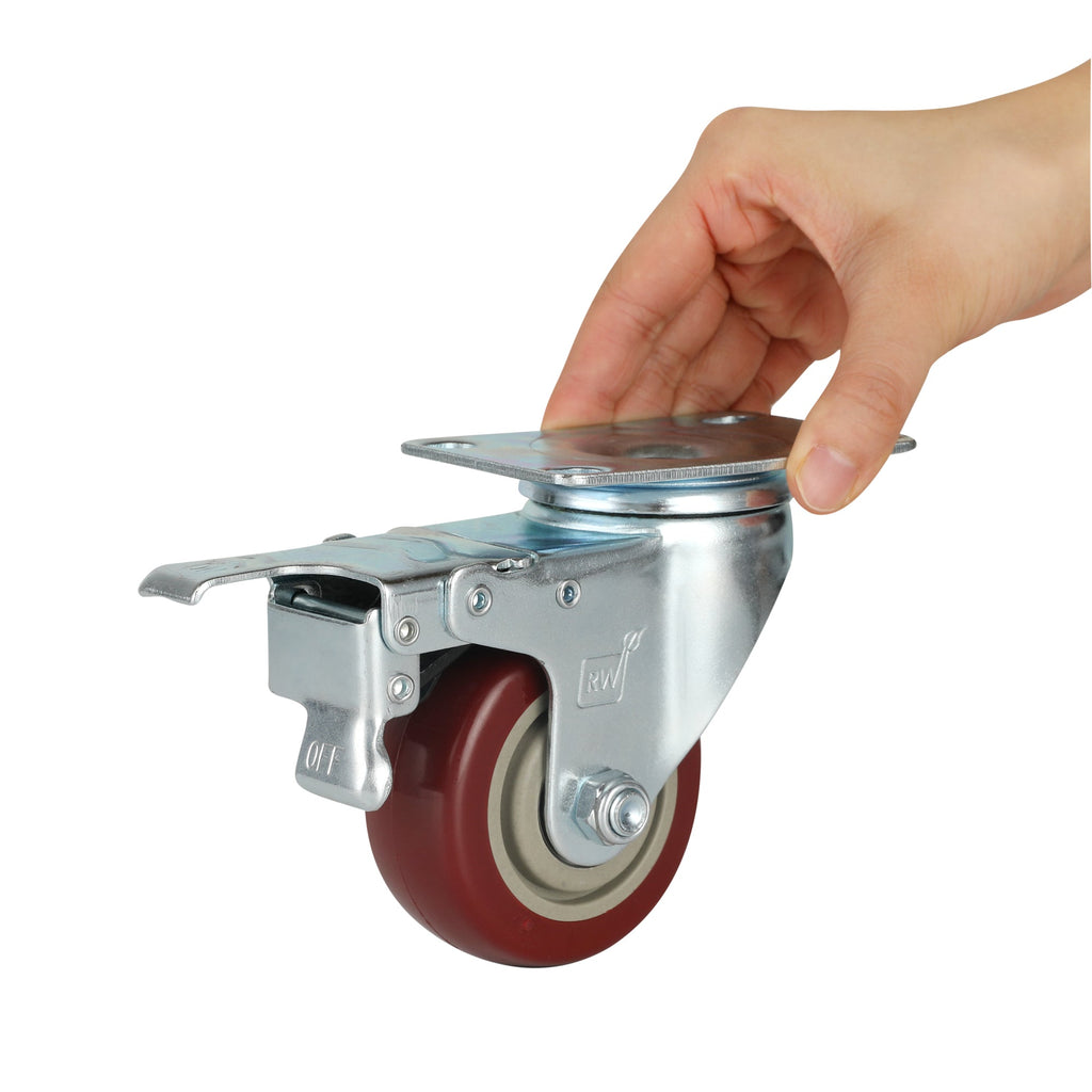 RW Hardware Red Swivel Plate Caster - with Brakes and Mounting Hardware - 3" - 4 count box