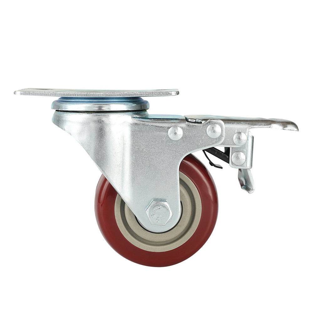 RW Hardware Red Swivel Plate Caster - with Brakes and Mounting Hardware - 3" - 4 count box