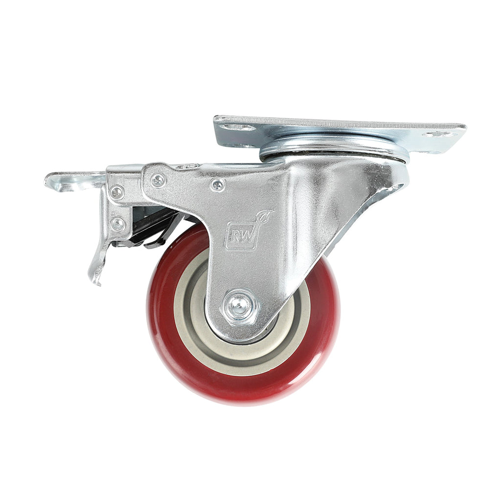 RW Hardware Red Swivel Plate Caster - with Brakes and Mounting Hardware - 3" - 4 count box