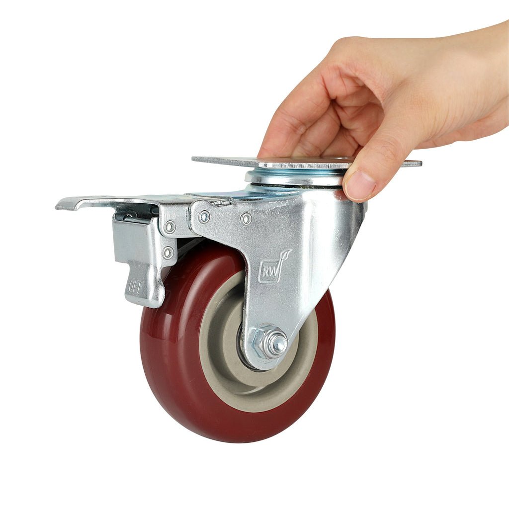 RW Hardware Red Swivel Plate Caster - with Brakes and Mounting Hardware - 4" - 4 count box