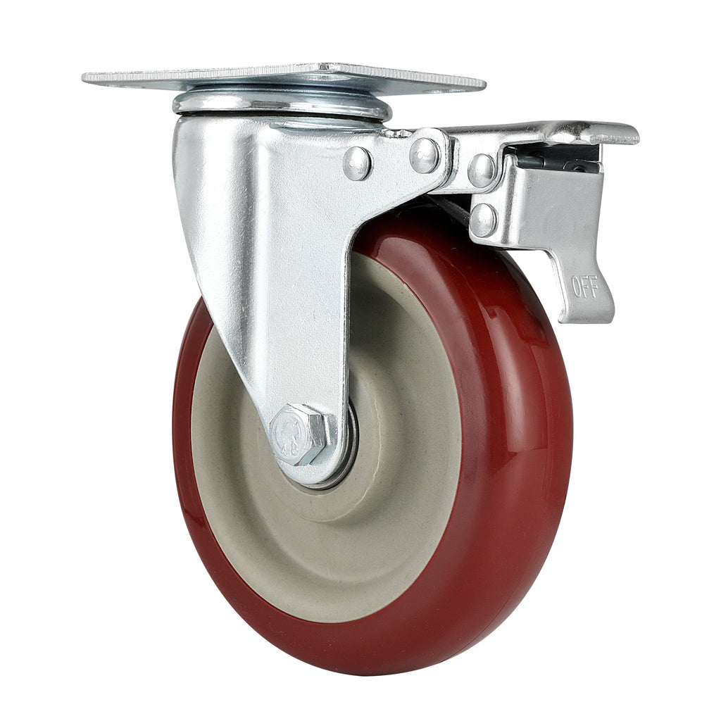 RW Hardware Red Swivel Plate Caster - with Brakes and Mounting Hardware - 5" - 4 count box