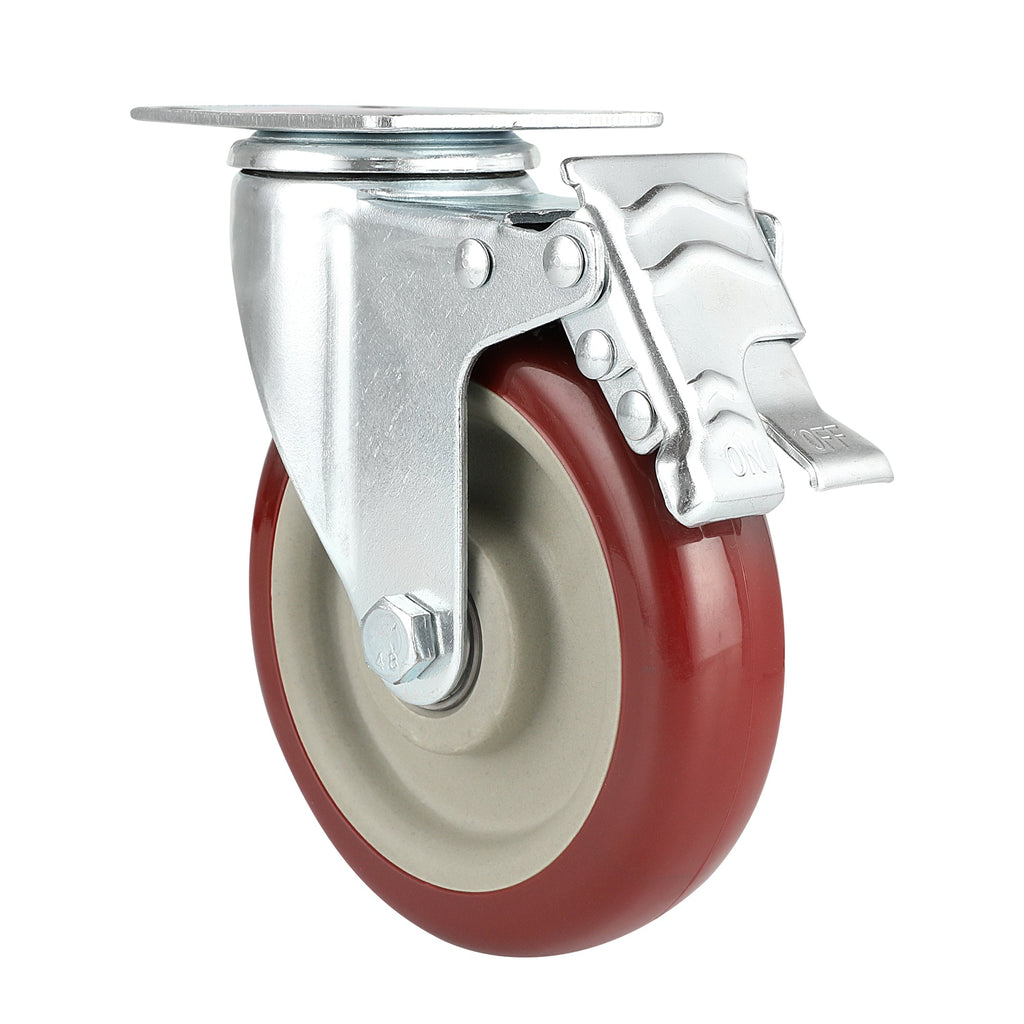 RW Hardware Red Swivel Plate Caster - with Brakes and Mounting Hardware - 5" - 4 count box