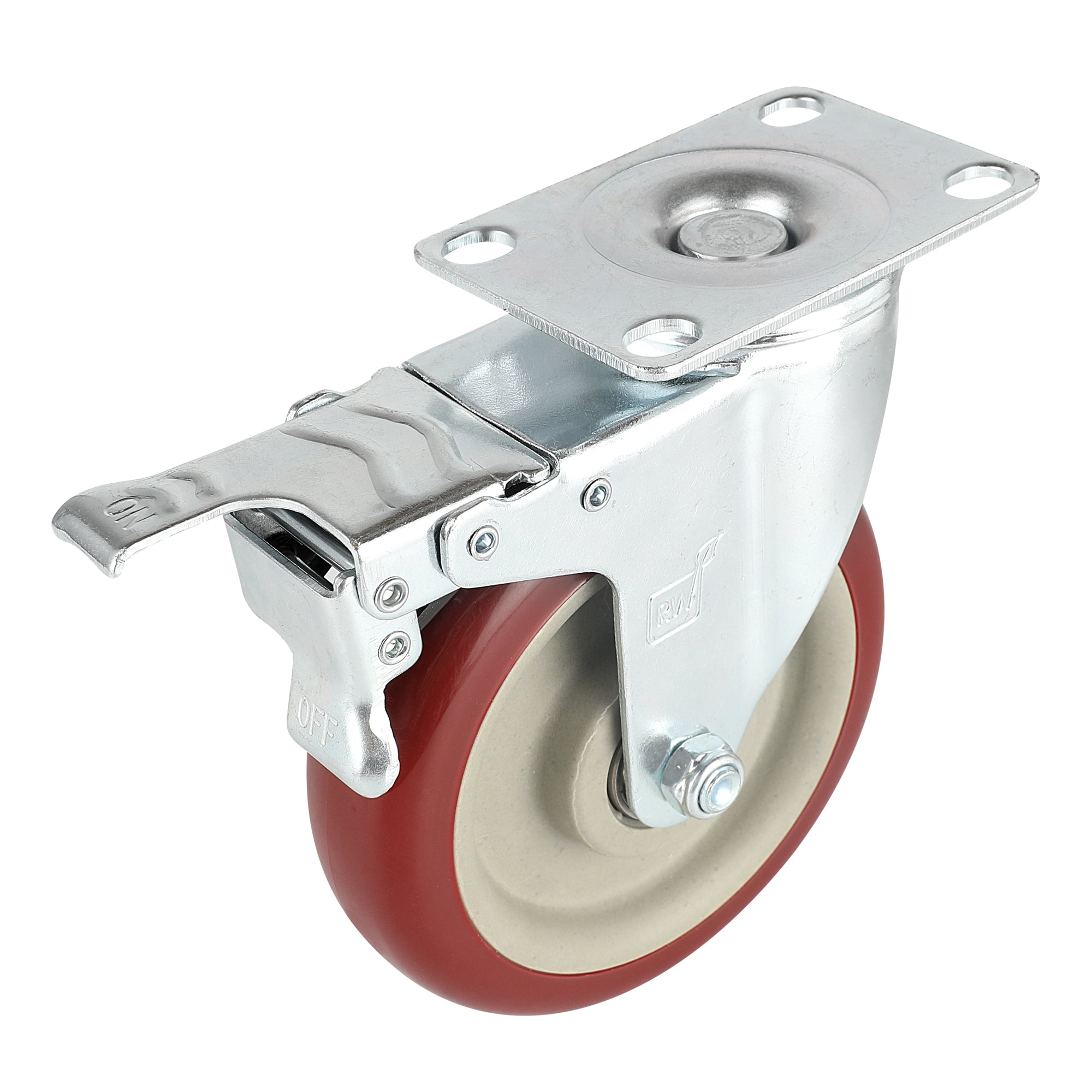 RW Hardware Red Swivel Plate Caster - with Brakes and Mounting Hardware - 5" - 4 count box