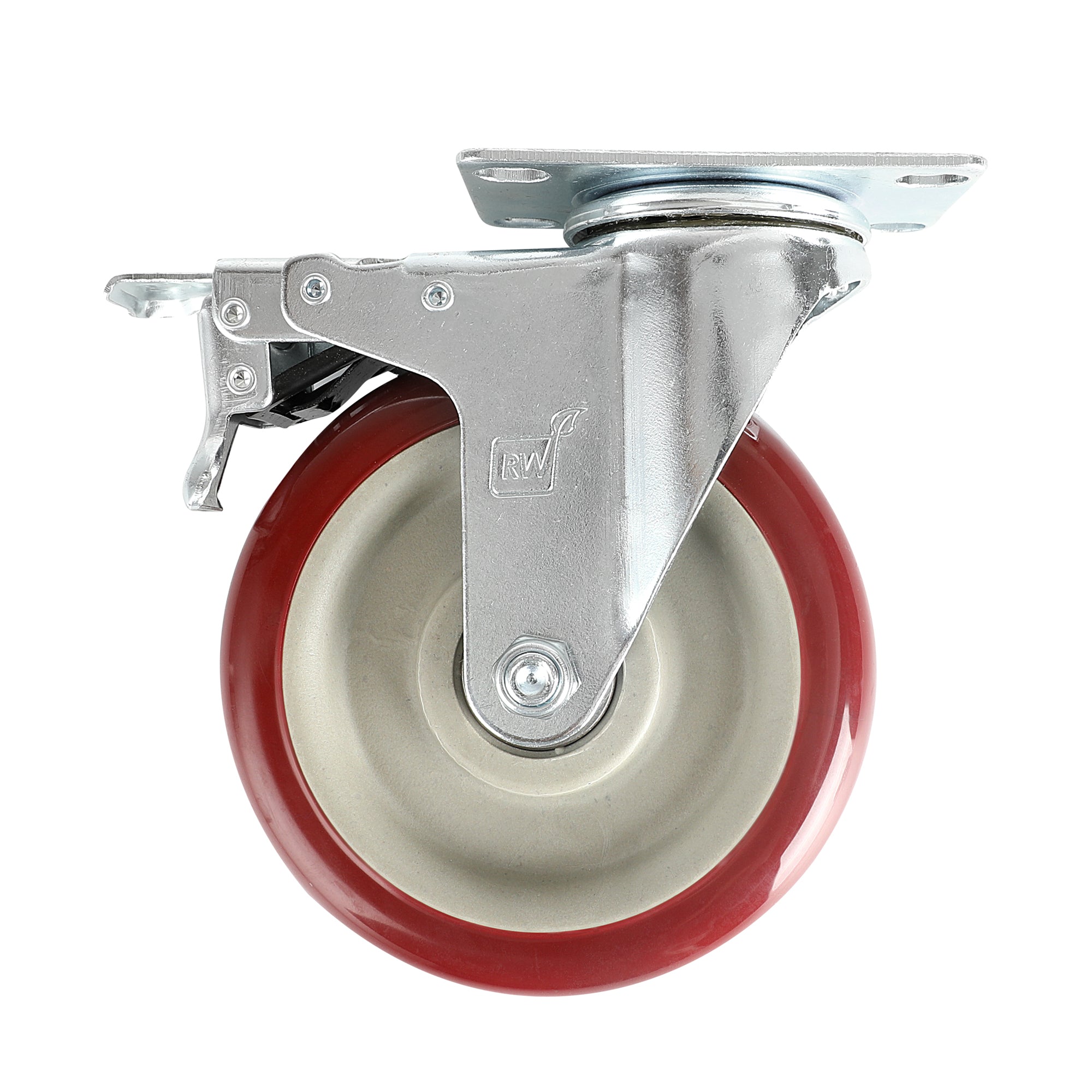 RW Hardware Red Swivel Plate Caster - with Brakes and Mounting Hardware - 5" - 4 count box