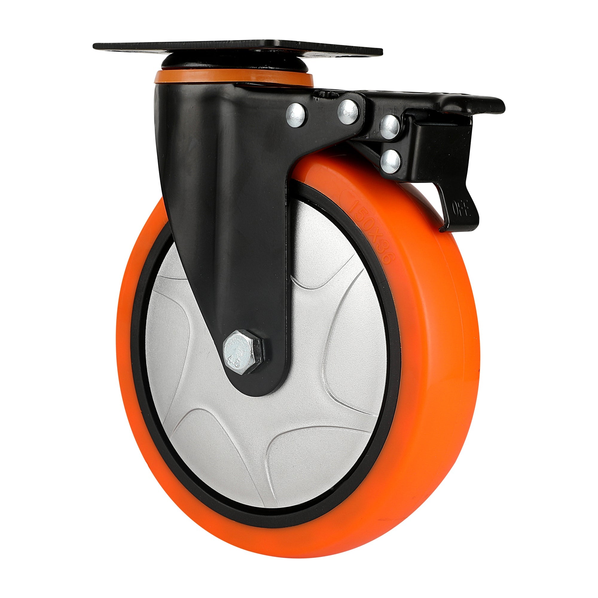RW Hardware Orange Swivel Plate Caster - with Brakes and Mounting Hardware, Heavy Duty - 6" - 4 count box