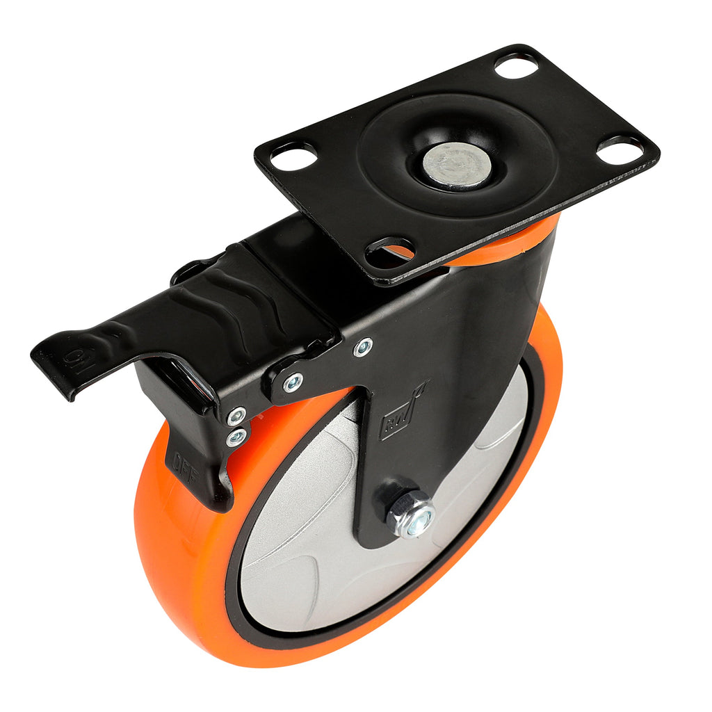 RW Hardware Orange Swivel Plate Caster - with Brakes and Mounting Hardware, Heavy Duty - 6" - 4 count box