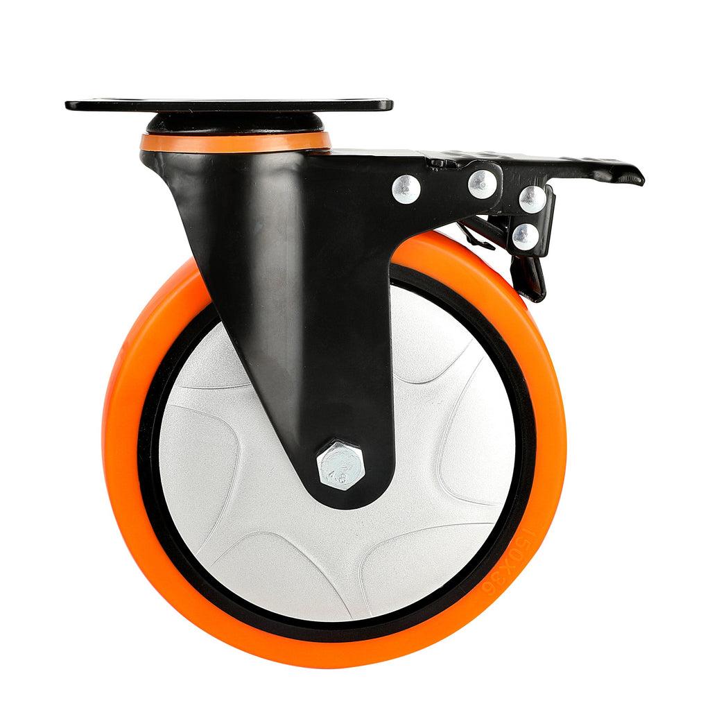 RW Hardware Orange Swivel Plate Caster - with Brakes and Mounting Hardware, Heavy Duty - 6" - 4 count box