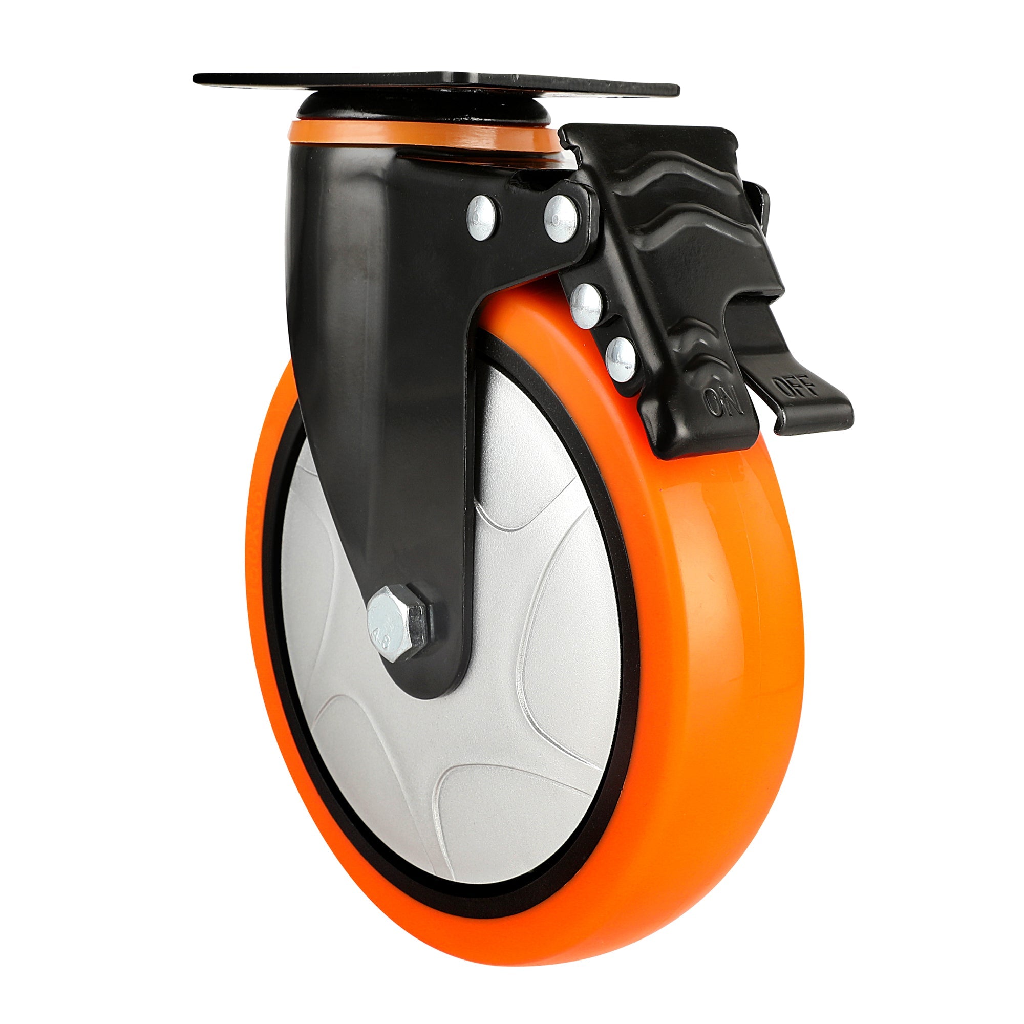 RW Hardware Orange Swivel Plate Caster - with Brakes and Mounting Hardware, Heavy Duty - 6" - 4 count box