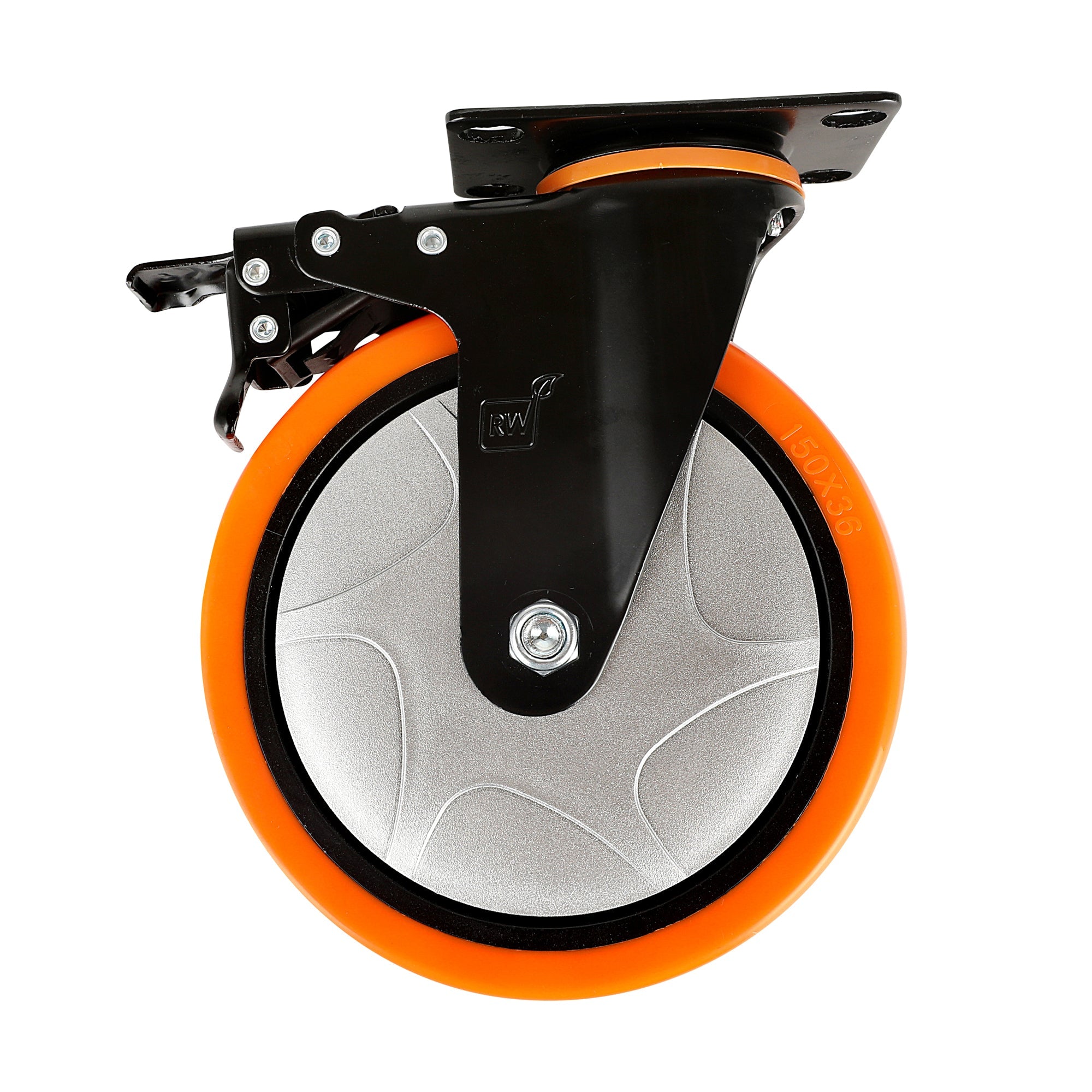 RW Hardware Orange Swivel Plate Caster - with Brakes and Mounting Hardware, Heavy Duty - 6" - 4 count box