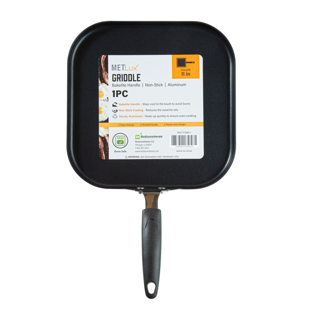 Met Lux Square Aluminum Griddle - Non-Stick, with Bakelite Handles - 11" - 10 count box