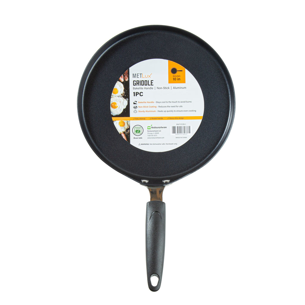 Met Lux Round Aluminum Griddle - Non-Stick, with Bakelite Handles - 10" - 10 count box