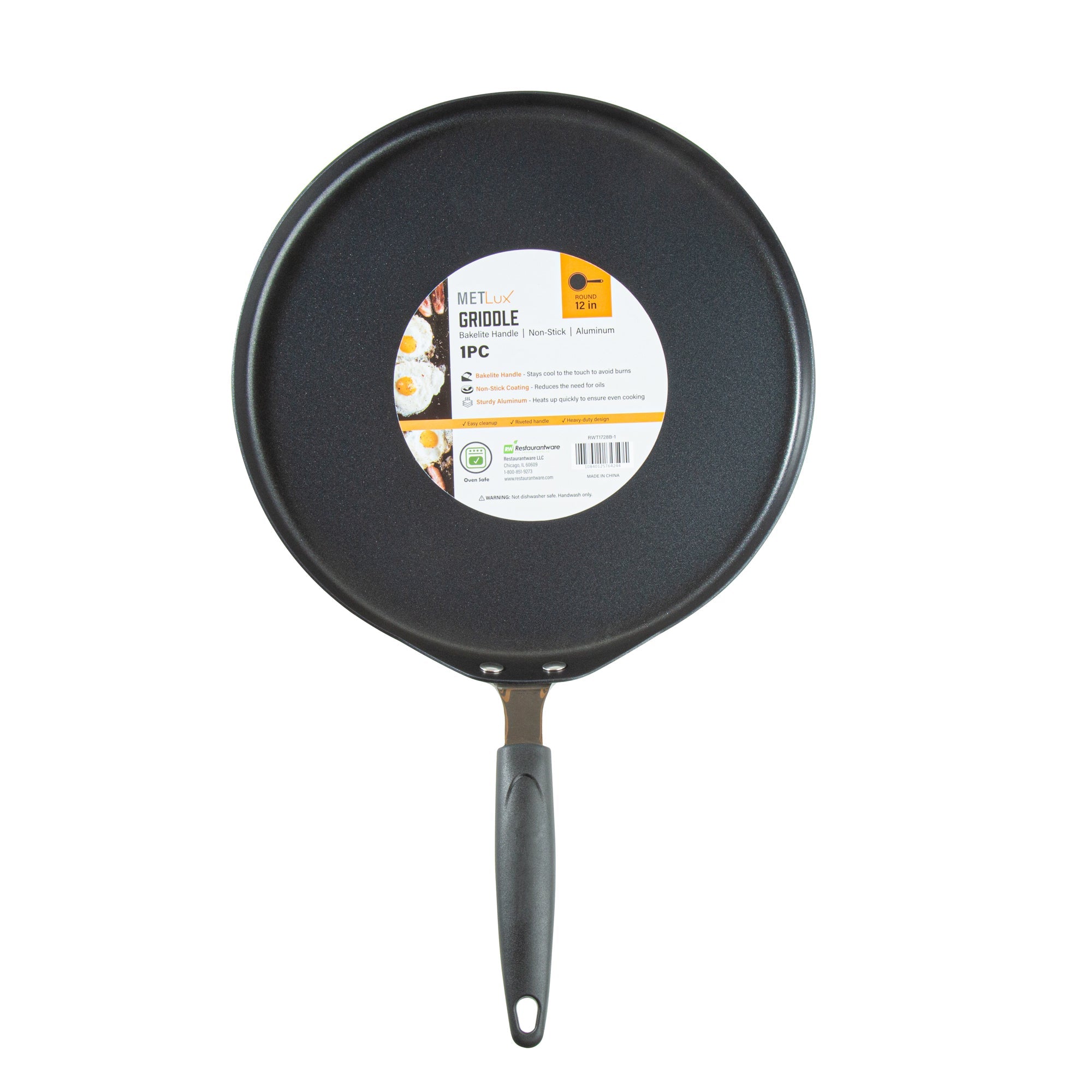 Met Lux Round Aluminum Griddle - Non-Stick, with Bakelite Handles - 12" - 10 count box