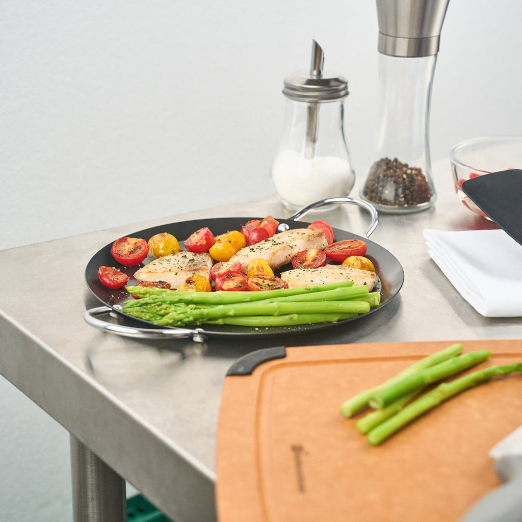 Met Lux Round Carbon Steel Griddle - Non-Stick, with Chrome Handles - 9" - 10 count box
