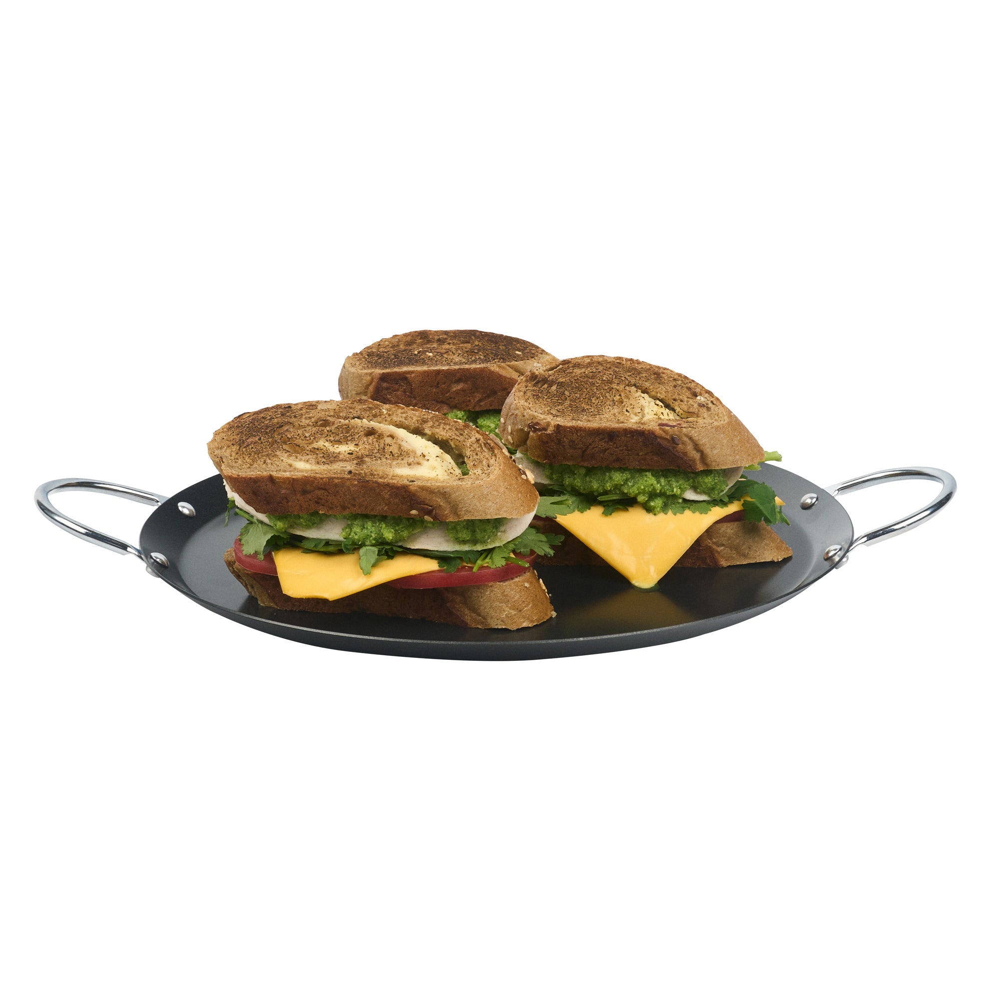 Met Lux Round Carbon Steel Griddle - Non-Stick, with Chrome Handles - 11" - 10 count box