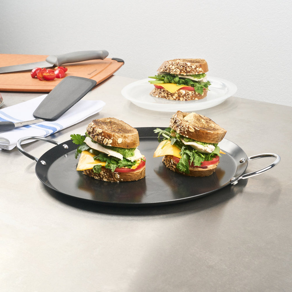 Met Lux Round Carbon Steel Griddle - Non-Stick, with Chrome Handles - 11" - 10 count box