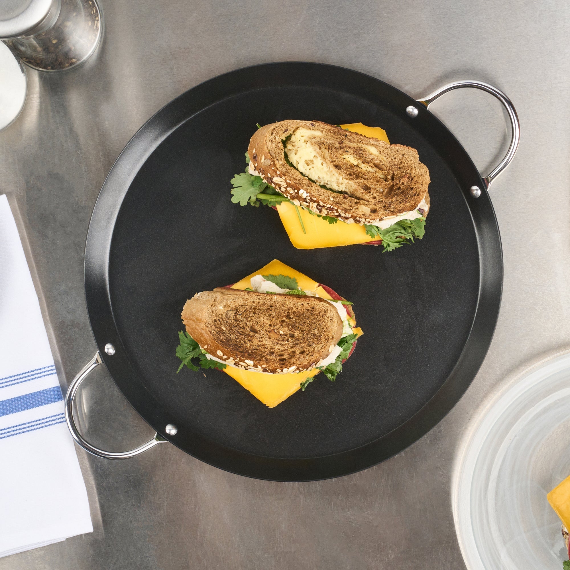 Met Lux Round Carbon Steel Griddle - Non-Stick, with Chrome Handles - 11" - 10 count box