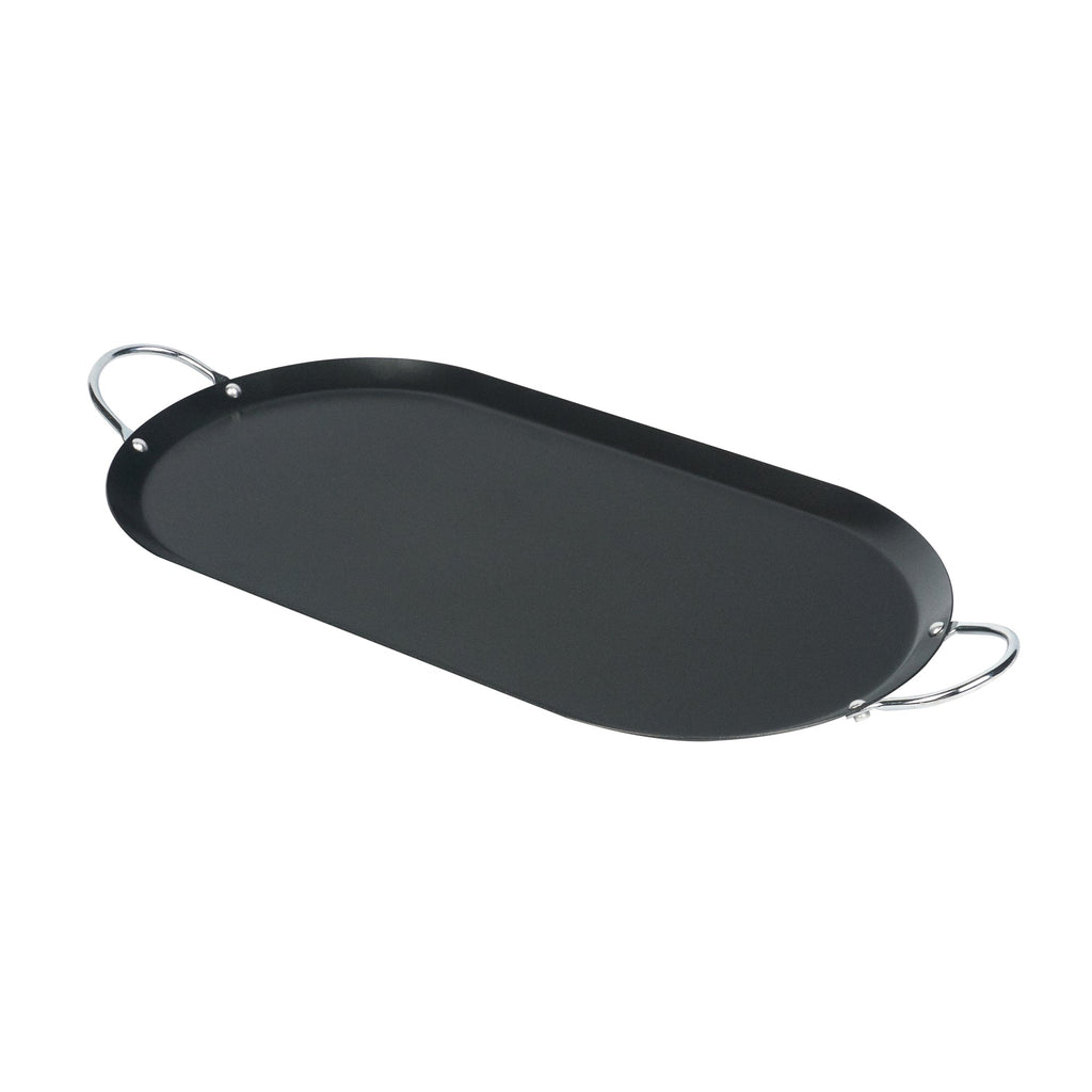 Met Lux Oval Black Carbon Steel Double Burner Griddle - Non-Stick, With Chrome Handles - 17" x 8 3/4" - 1 count box