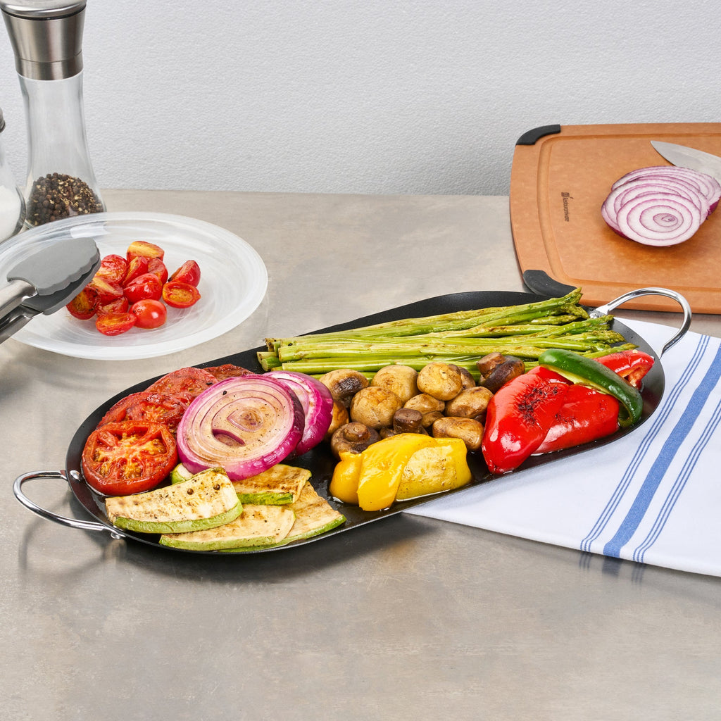 Met Lux Oval Black Carbon Steel Double Burner Griddle - Non-Stick, With Chrome Handles - 17" x 8 3/4" - 1 count box