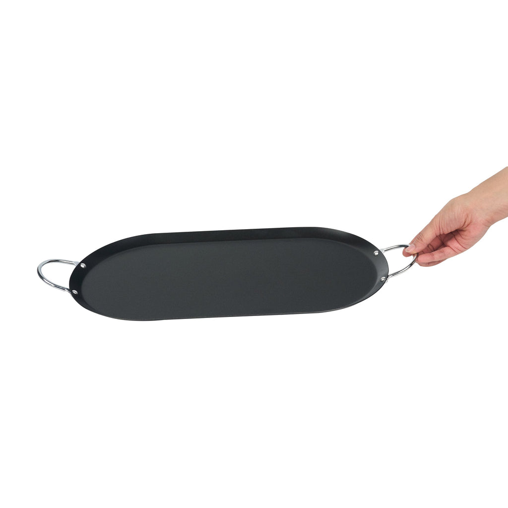 Met Lux Oval Black Carbon Steel Double Burner Griddle - Non-Stick, With Chrome Handles - 17" x 8 3/4" - 10 count box