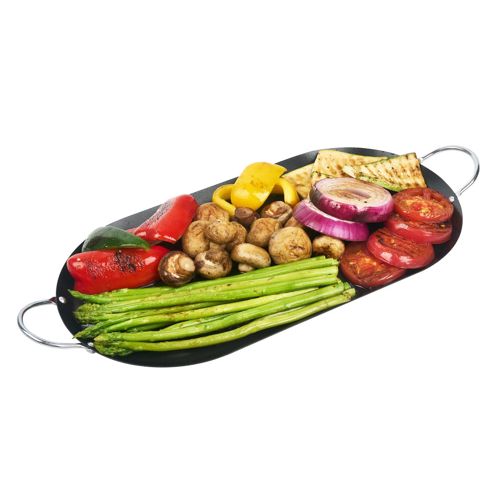 Met Lux Oval Black Carbon Steel Double Burner Griddle - Non-Stick, With Chrome Handles - 17" x 8 3/4" - 10 count box