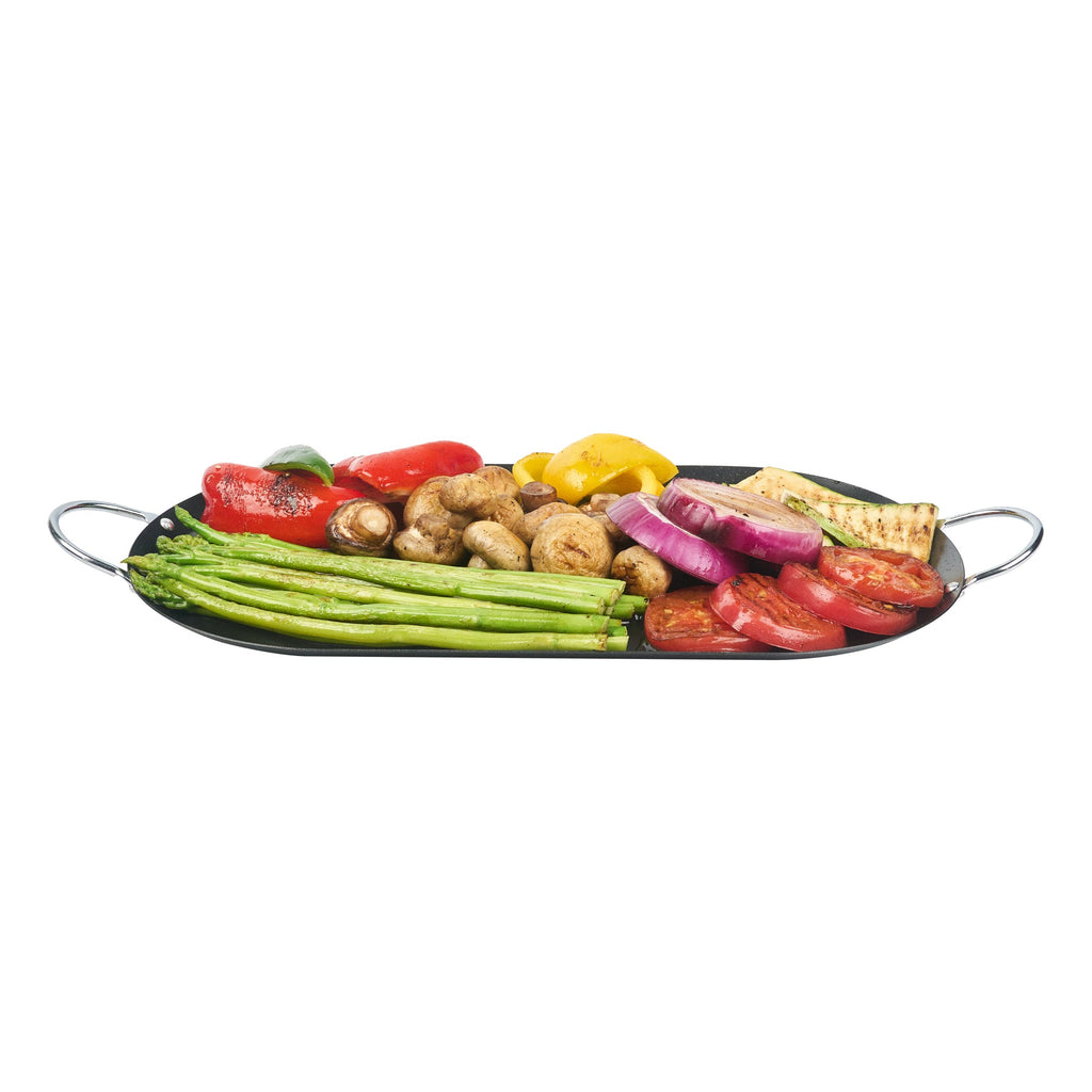 Met Lux Oval Black Carbon Steel Double Burner Griddle - Non-Stick, With Chrome Handles - 17" x 8 3/4" - 10 count box