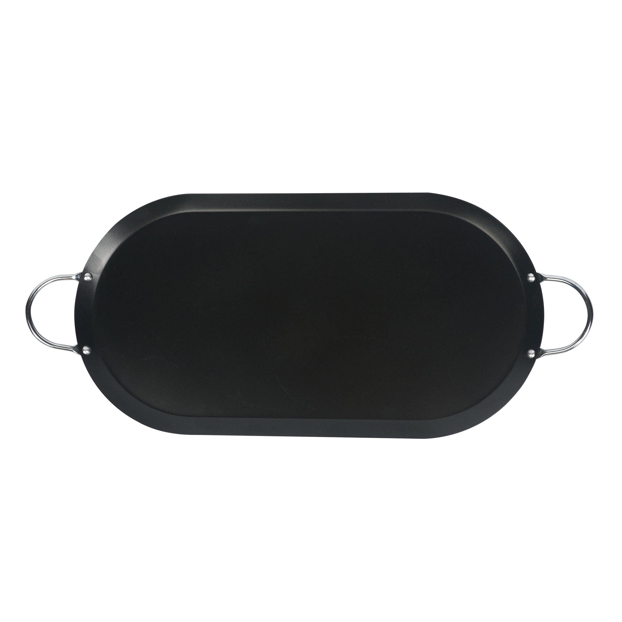 Met Lux Oval Black Carbon Steel Double Burner Griddle - Non-Stick, With Chrome Handles - 17" x 8 3/4" - 10 count box
