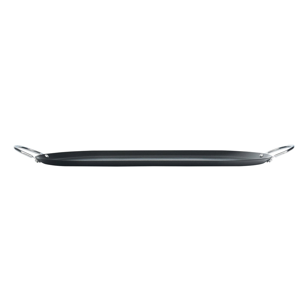 Met Lux Oval Black Carbon Steel Double Burner Griddle - Non-Stick, With Chrome Handles - 17" x 8 3/4" - 10 count box