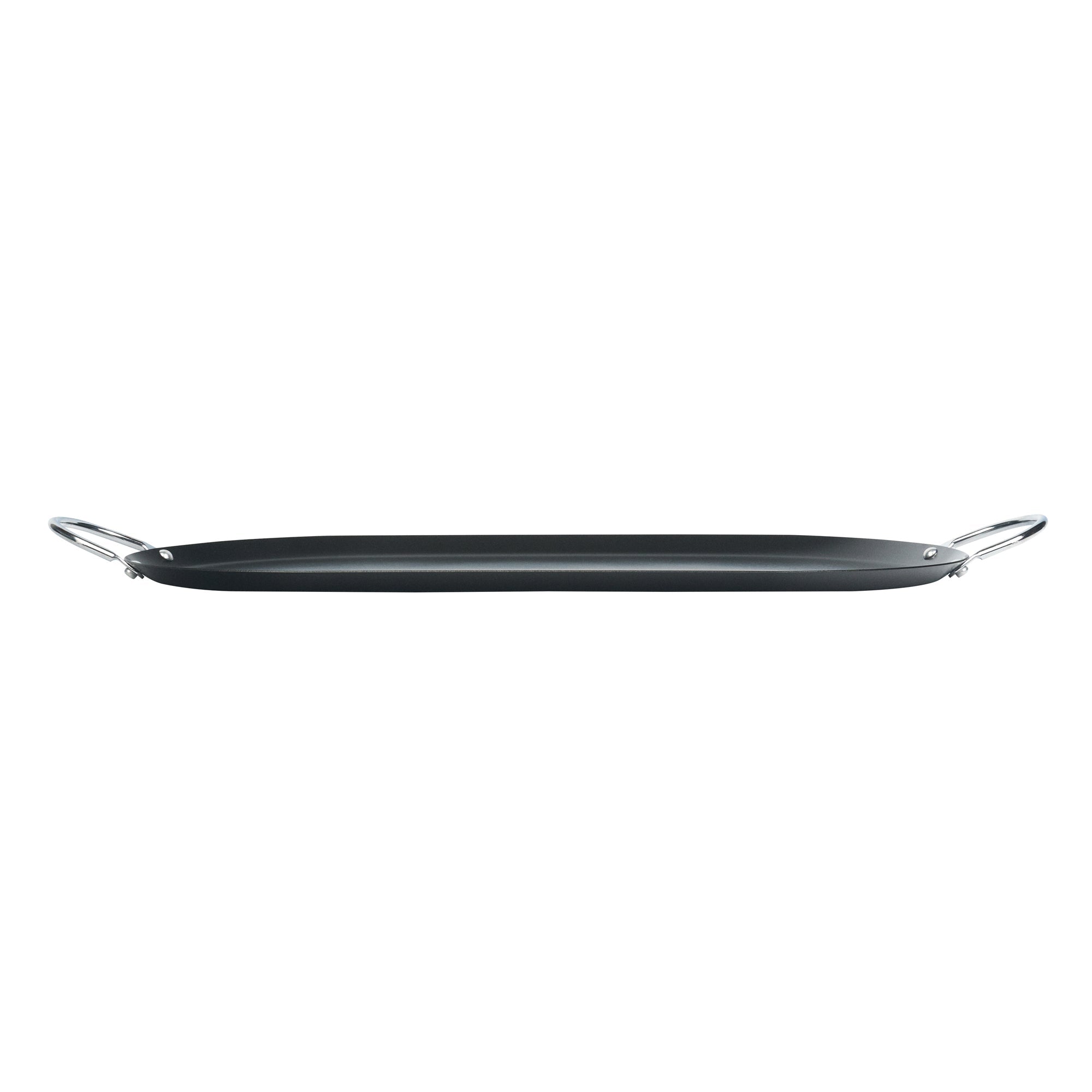 Met Lux Oval Black Carbon Steel Double Burner Griddle - Non-Stick, With Chrome Handles - 17" x 8 3/4" - 10 count box