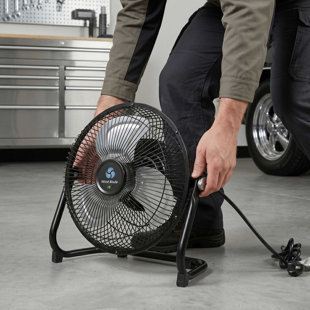 Wind Blade 3-Speed Industrial Floor Fan - Tilt Head, 1/18 HP, 1,680 CFM - 12" - 1 count box